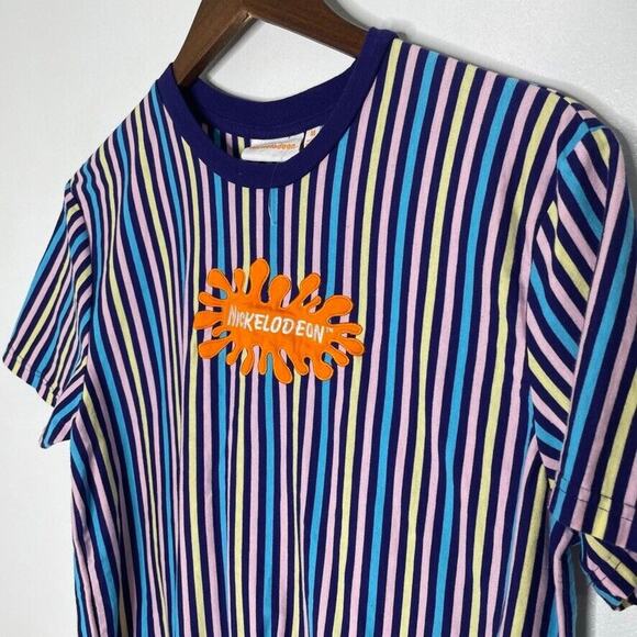Nickelodeon Multicolored Striped Embroidered Logo Round Neck Shirt Size M Men's - Picture 2 of 7